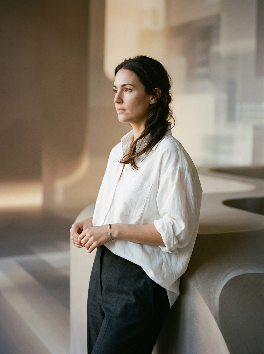 Model in editorial composition with AI-augmented background